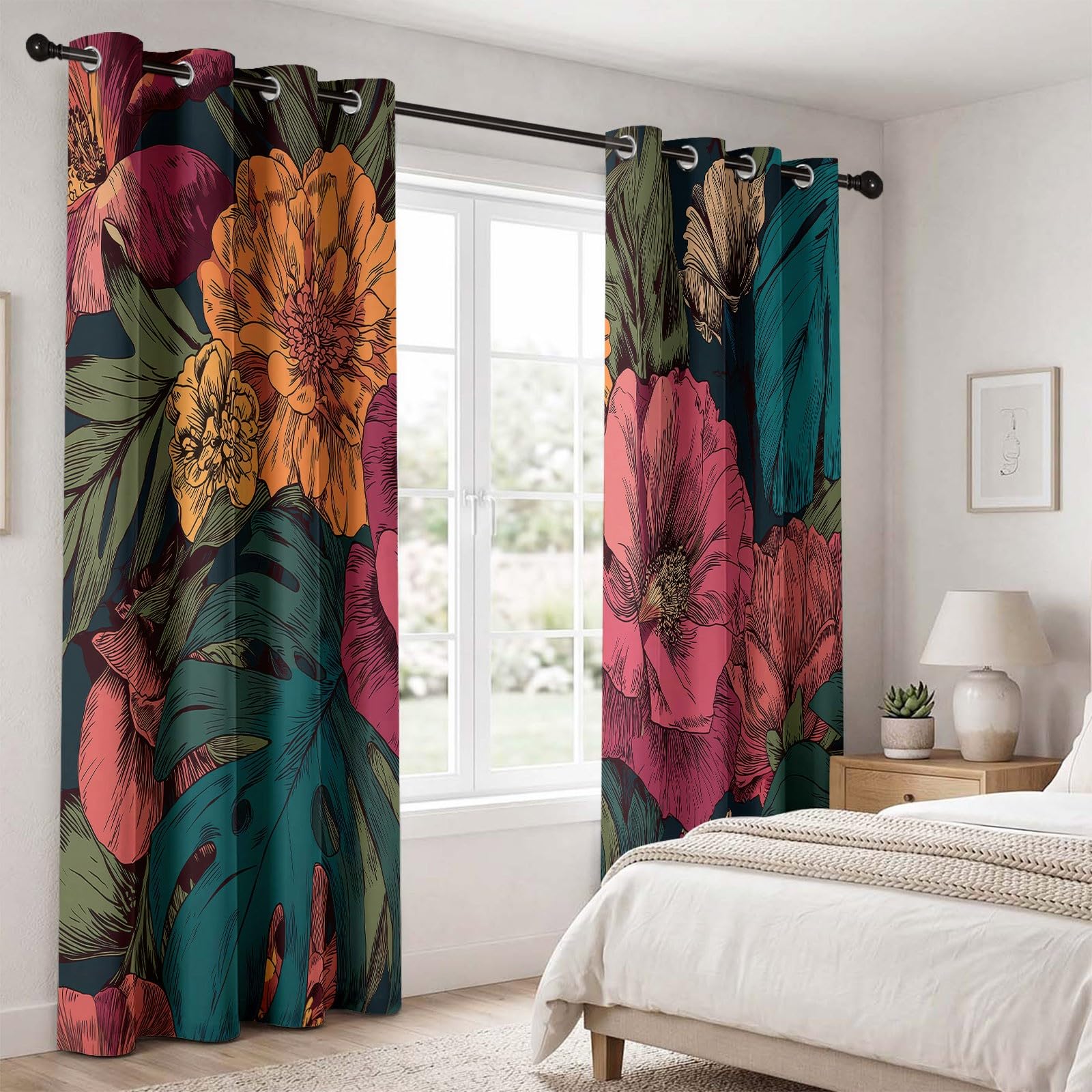 Rideaux Occultant Motif Grands Pétales Floraux Bohèmes 110L X 215H cm Lot de 2 Rideau Occultant Thermiques Imprimé Floral Feuille, Rideau Oeillets Opaque Draperie Decoration pour Salle De Séjour