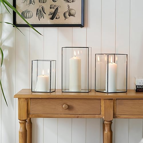 Miniatura 5 de QL - Portavelas de huracán, juego de 3 portavelas de cristal grande, portavelas de vidrio templado transparente con 3 tamaños