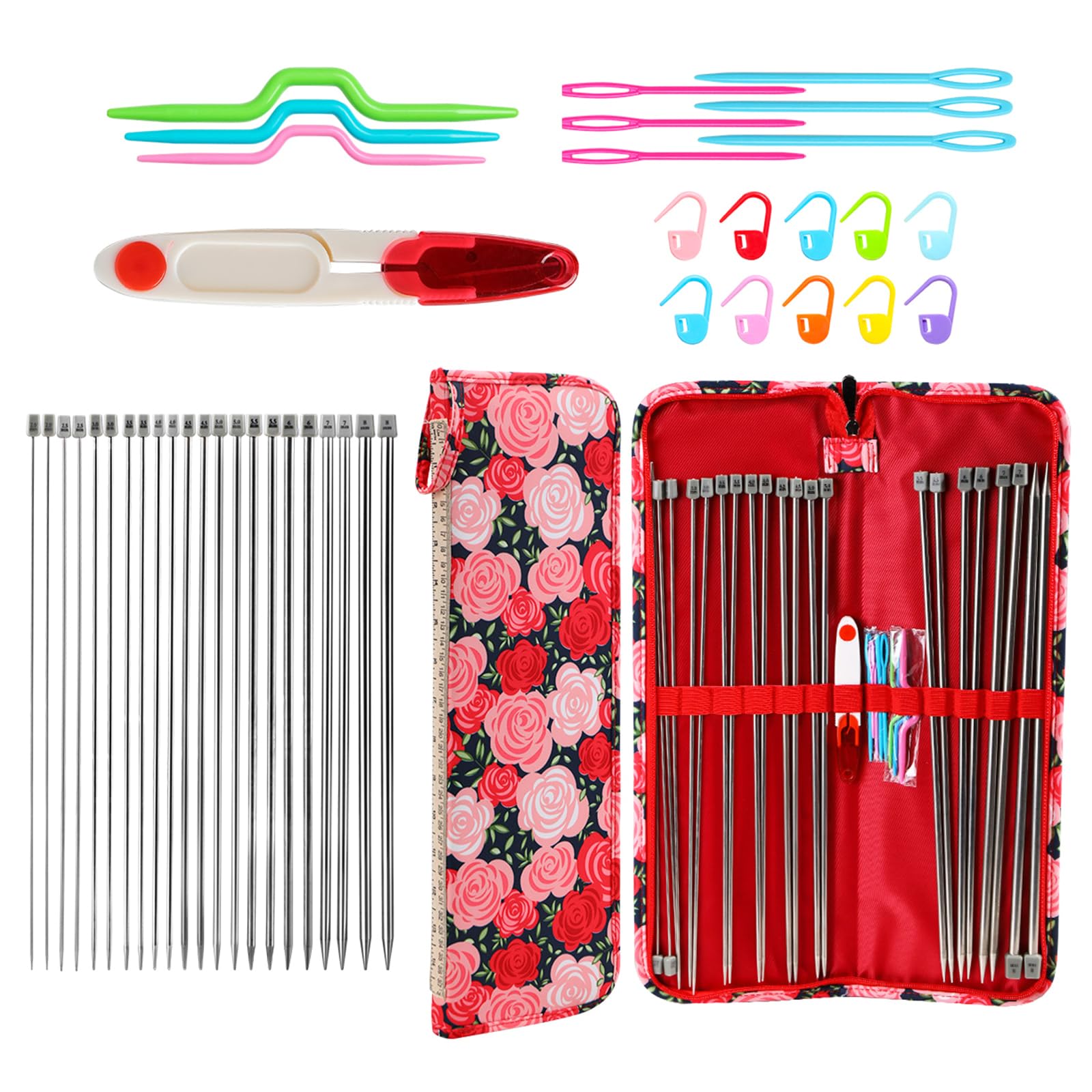 Sxett A 22Pcs Single Pointed Sweater Knitting Needle With Knitting Ccessories 2.0Mm-8.0Mm Long Metal Straight Needle Sewing