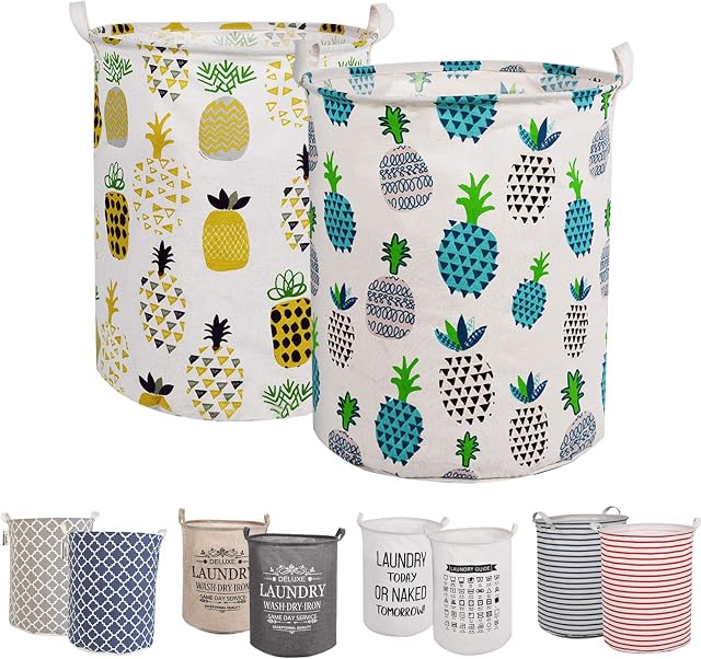 LessMo 2Pcs 19.7" Laundry Hamper, Collapsible Storage Basket With Easy Carry Handles, Waterproof Round Cotton Linen, for Baby Products, Toys, Bedroom Hamper (PINEAPPLE, Thickened 19.7"/Large)