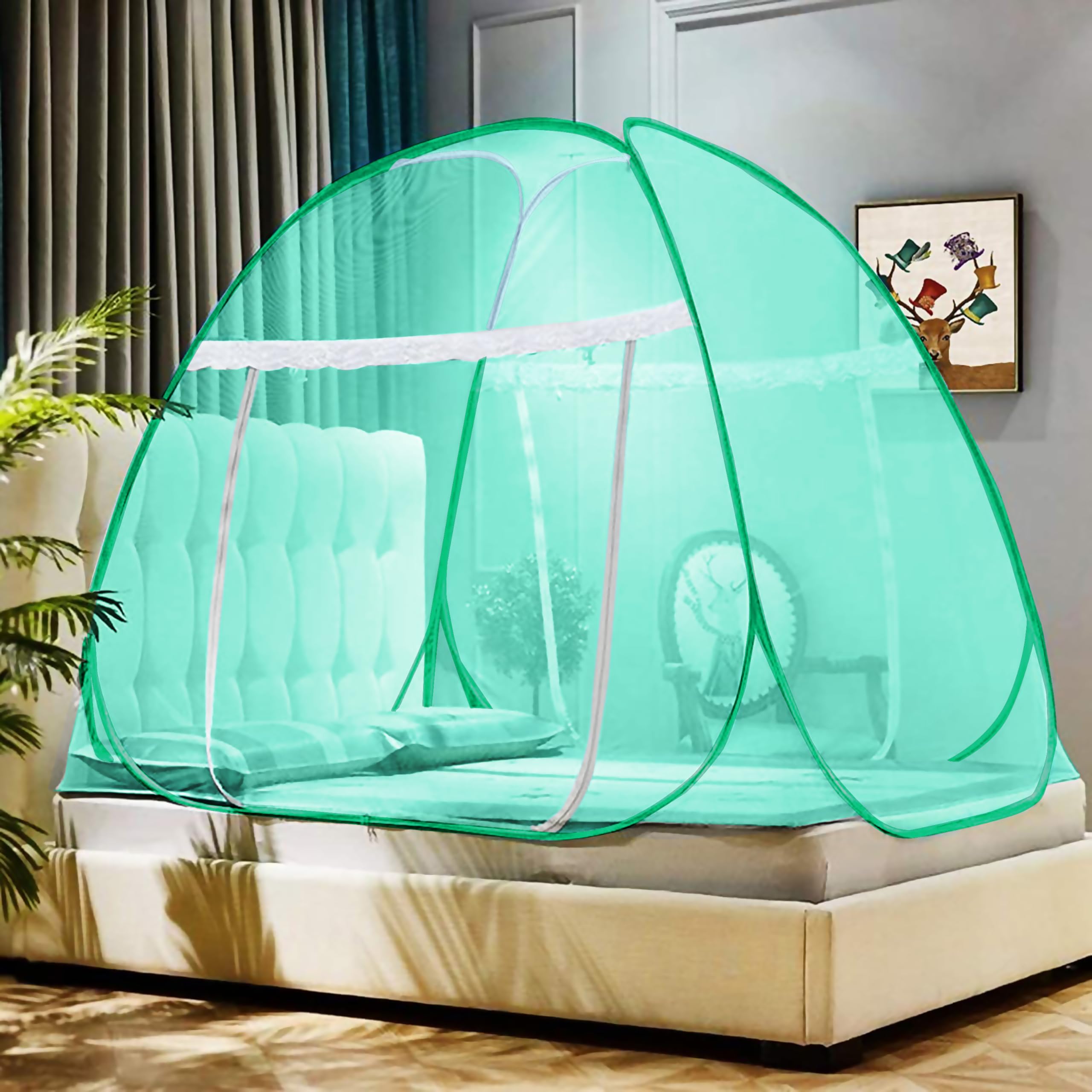 CLONEZO Mosquito Net for Double Bed King Size with a Mobile Pocket Foldable Machardani Polyester 30GSM Strong Net | PVC Coated Corrosion Resistant Steel Wire Color Full Green (B0D963B6HM) Amazon Price History, Amazon Price Tracker