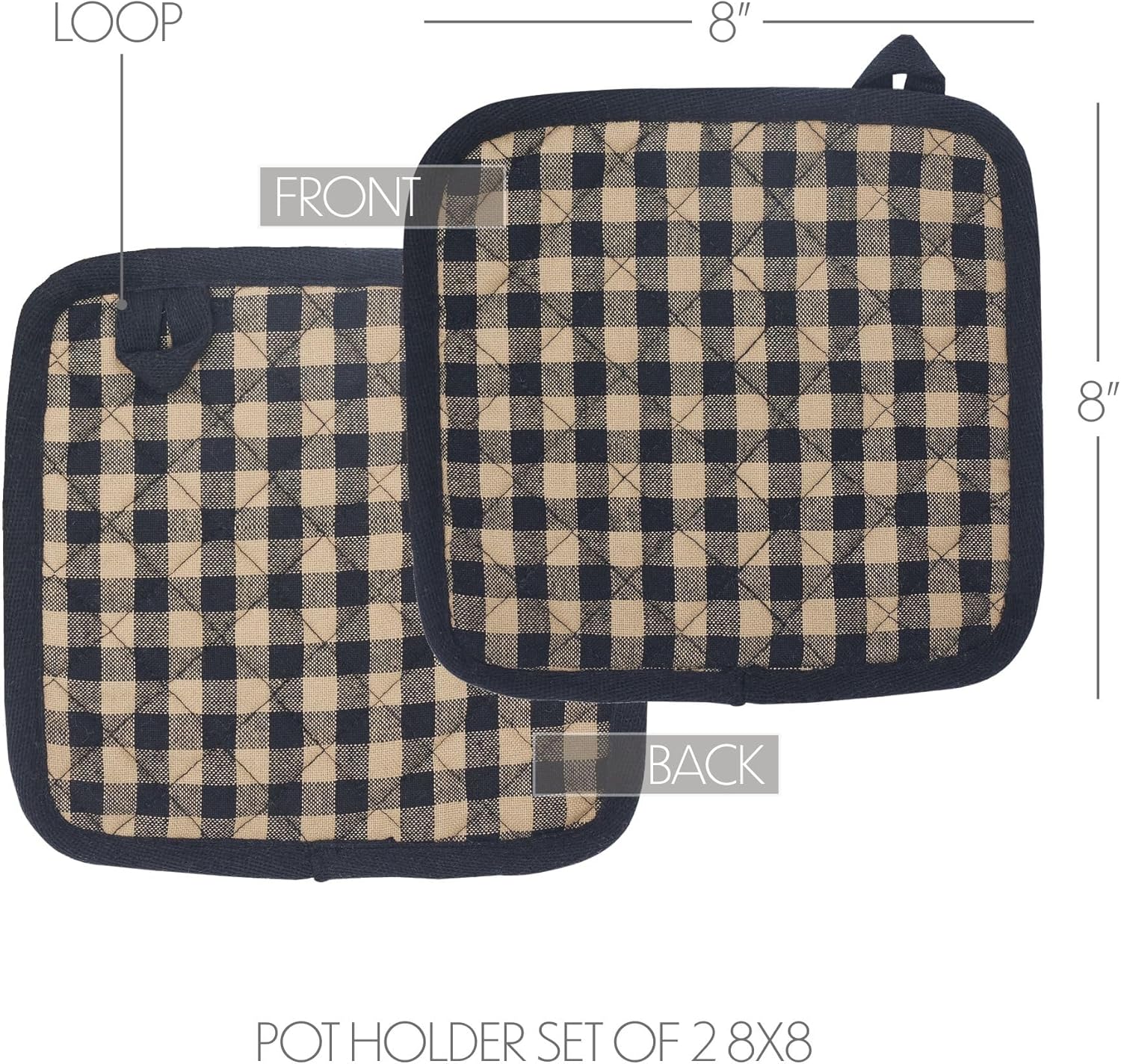 VHC Brands Black Check 7PC Set 2 Oven Mitt 2 Pot Holder and 3 Tea Towels