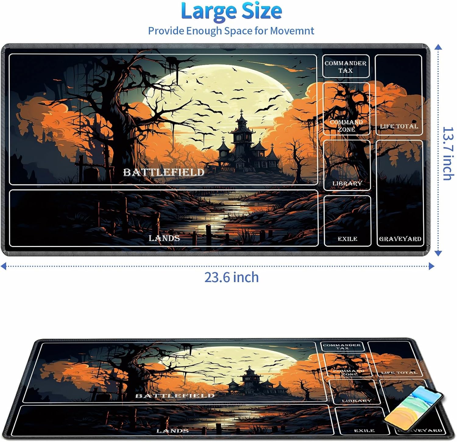 Playmat for MTG with Magic Zones, 24 x 14 inches Game Play Mat for MTG TCG, Trading Card Game Play Mat Desk Mats with Stitched Edges Non-Slip Base, Halloween Night B
