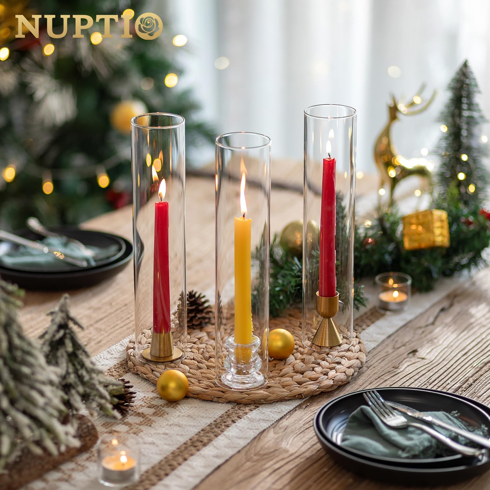 NUPTIO Hurricane szklany świecznik 12''/30 cm x 2,5''/6,5 cm otwarty cylinder zamiennik kominka do świec stożkowych - 6 przezroczystych świeczników rękaw dekoracja kominka