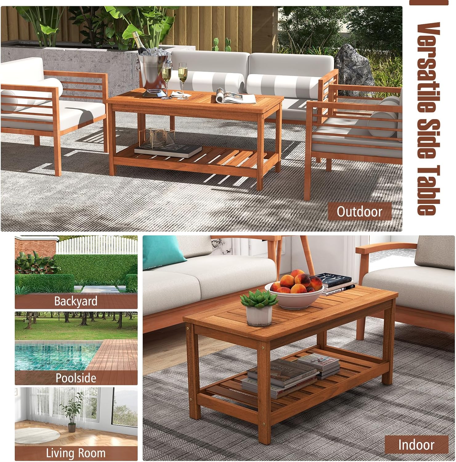 HAPPYGRILL Patio Coffee Table, Double-Tier Side Table with Solid Wood Structure, Slatted Tabletop & Shelf, Outdoor 2-Layer Rectangle Coffee Table for Backyard Porch Balcony
