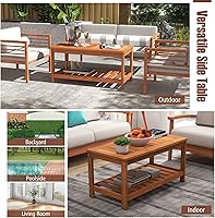 Vista 7 de HAPPYGRILL Mesa auxiliar de patio, mesa auxiliar de doble nivel con estructura de madera maciza, mesa de listones y estante, mesa de centro