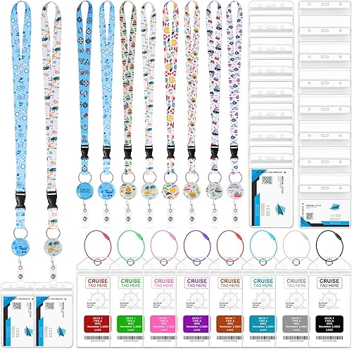 Paquete de 8 cordones de crucero para tarjetas de barco con soportes para etiquetas de equipaje de crucero, carrete retráctil para tarjetas de