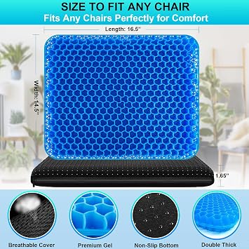Gel Seat Cushion for Long Sitting - 1.65inch Double Thick Cooling Egg Cushion for Back, Hip, Sciatica, Coccyx, Tailbone Pain Relief - Office Chair Car Seat Cushion Wheelchair Cushions