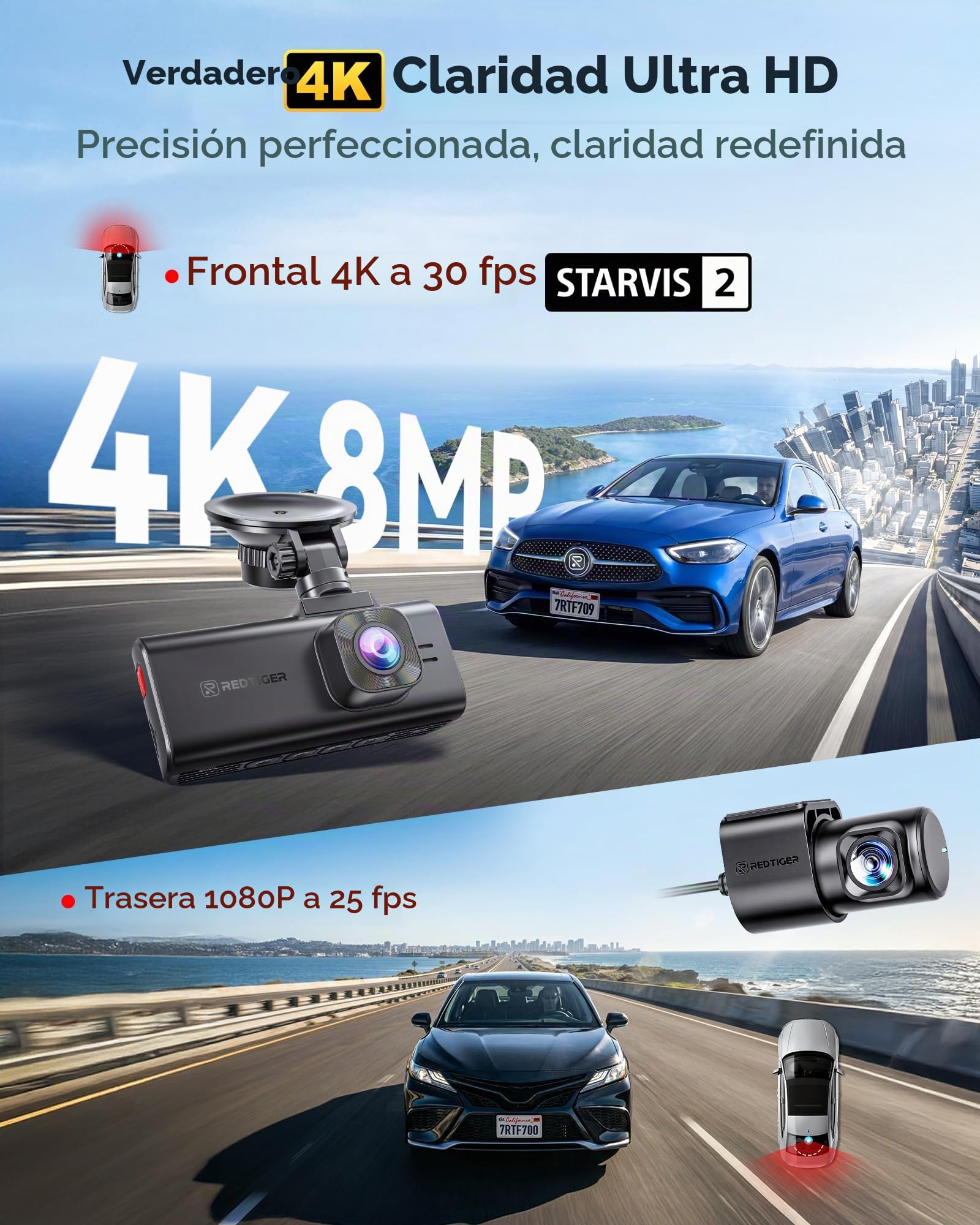 REDTIGER F7NA Cámara Dual de Tablero 4K, STARVIS 2 IMX678, 8MP, WiFi de 5GHz (Descarga Rápida de 20MB/s), 4K Delantera 1080P Trasera, GPS, Control de Voz, WDR, Visión Nocturna HDR, Modo de