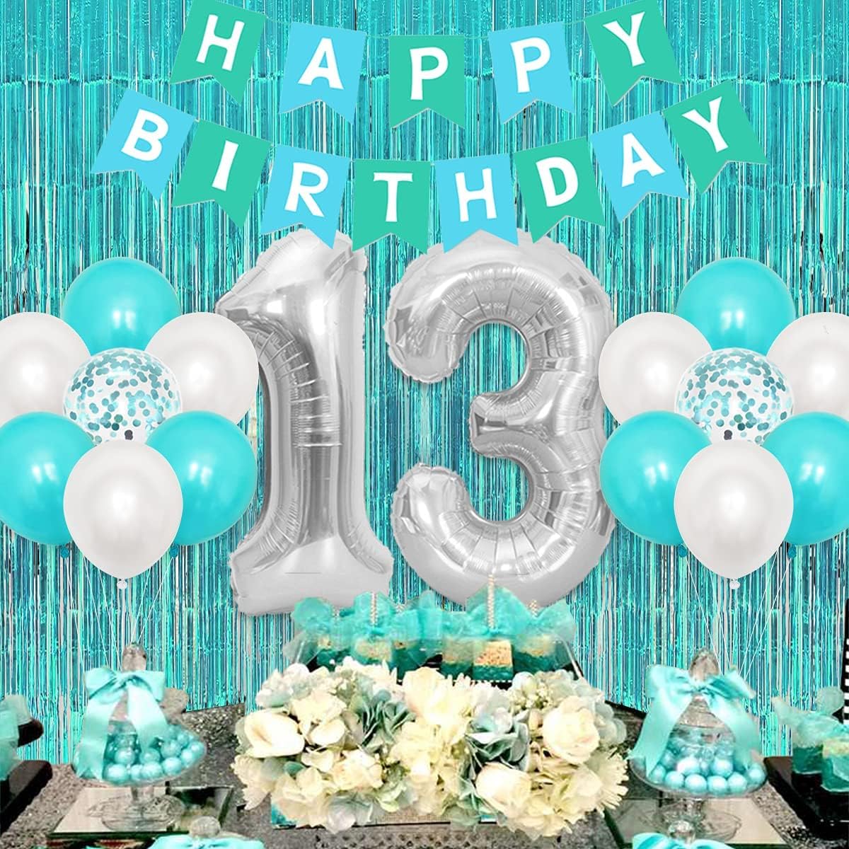 Omg Ur A Teenager Balloon Sash Teenager Birthday Party Decorations 13th Birthday Decorations for Girls Teal Blue Sweet 13 Happy Birthday Banner Cake Topper Foil Tinsel Curtain