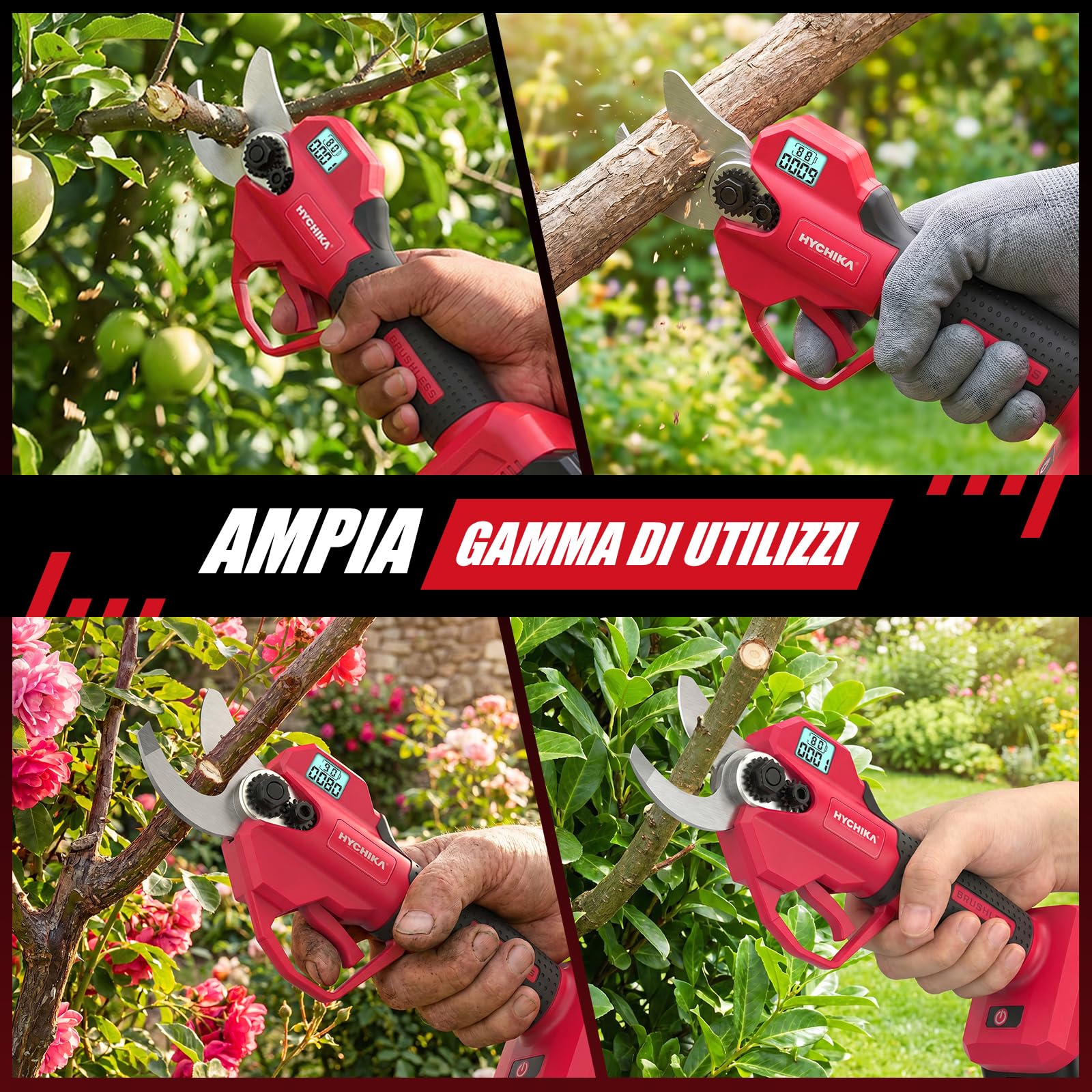 HYCHIKA forbici potatura a batteria 21 V, taglio fino a 30 mm per alberi | Forbici da potatura con lame SK5 e display LCD. Include 2 batterie da 1.5Ah, ideale per la cura delle siepi
