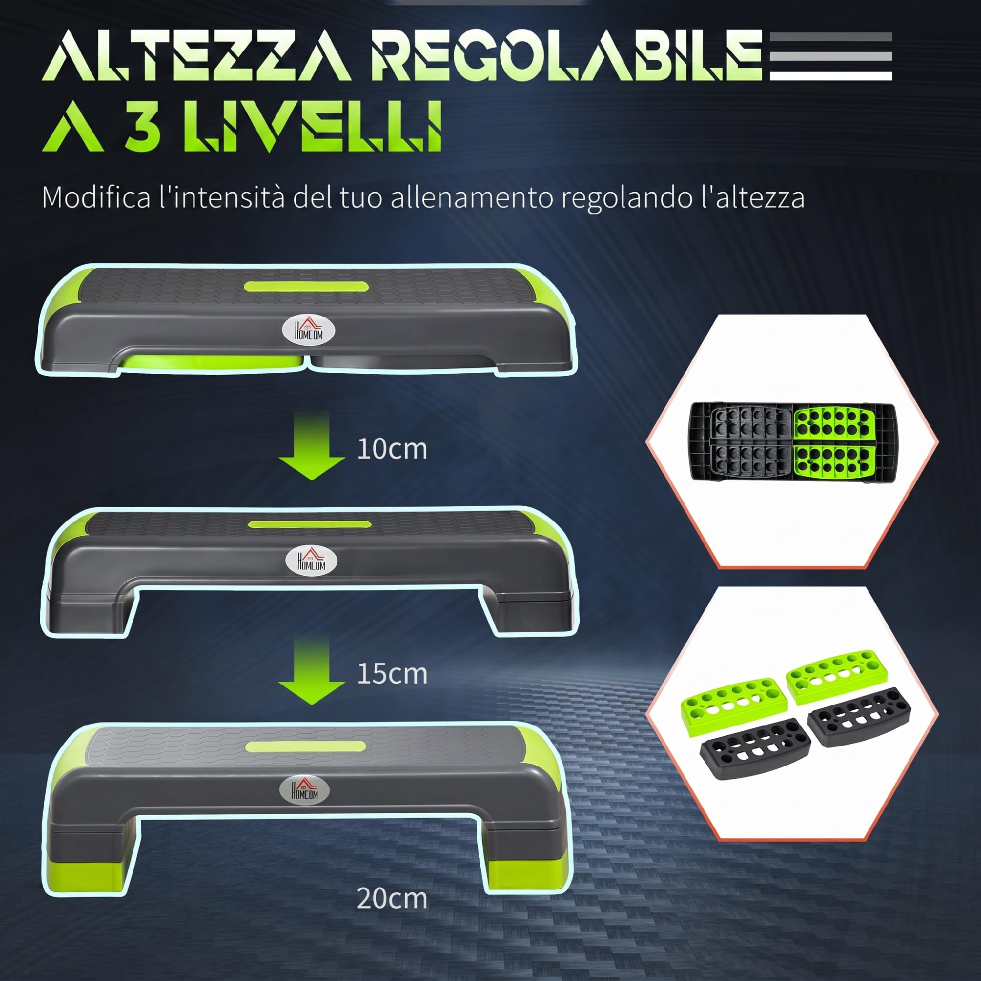 HOMCOM Stepper Aerobica Regolabile su 3 Altezze, Step Fitness in Plastica per Allenamento a Casa e Palestra, 78x28x10/15/20 cm