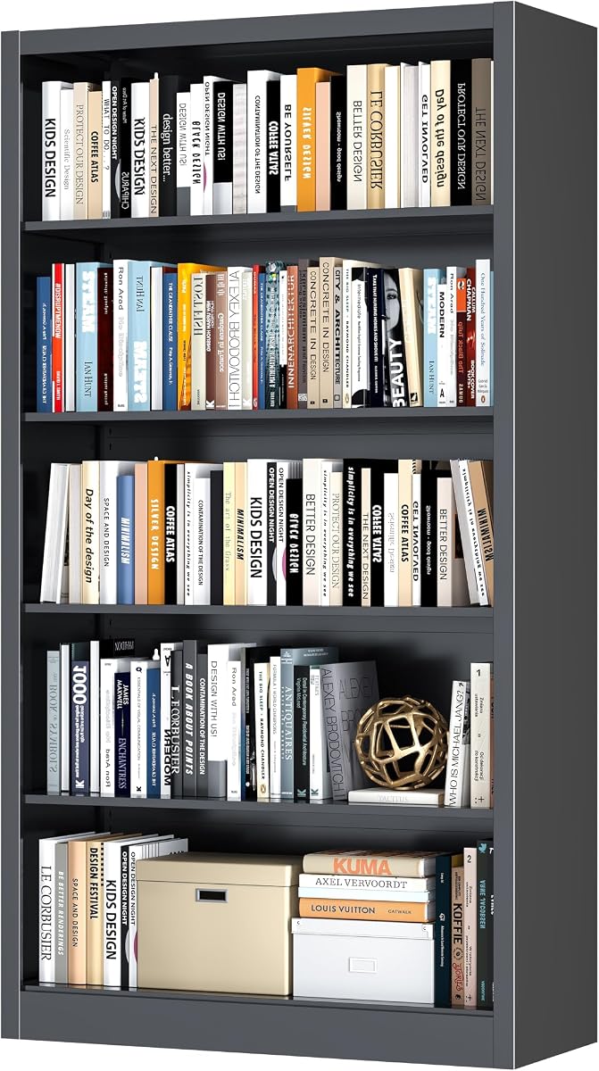 5 Tier Bookcase, 55" Tall Heavy Duty Metal Bookshelf, Free Standing Bookcase with Back Panel & 4 Adjustable Storage Shelves, Open Display Shelf for Bedroom Living Room Home Office (Black)