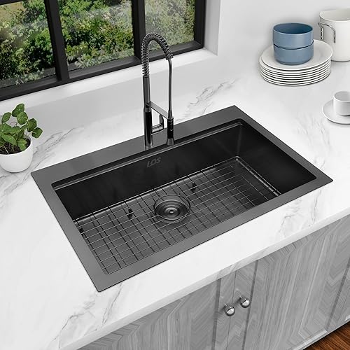Miniatura 9 de LQS Fregadero de cocina negro, fregadero de cocina desplegable de 33 x 22 pulgadas, fregadero de acero inoxidable calibre 16, montaje superior