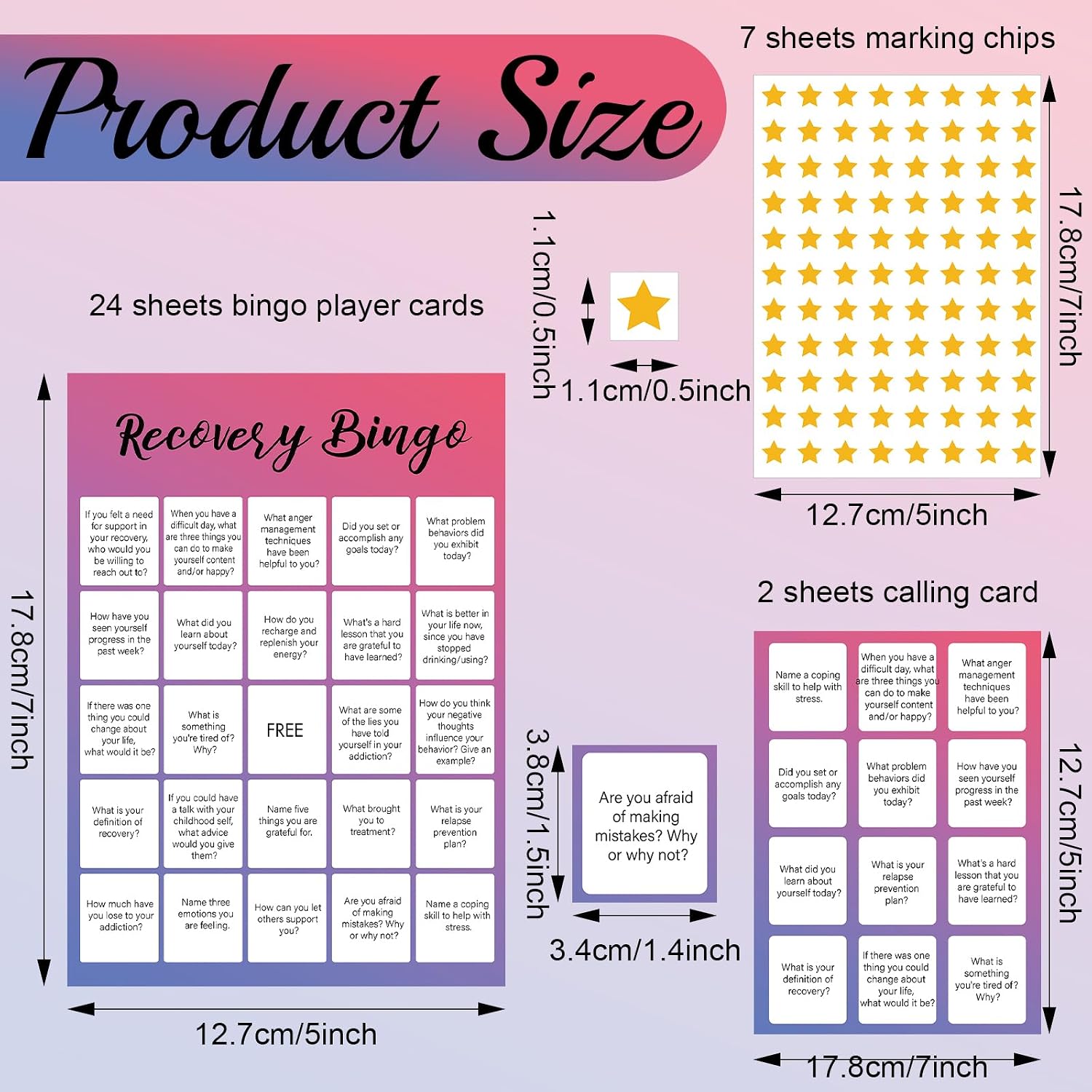 Faccito 33 Pcs Recovery Bingo Games with 24 Players Bingo Cards 7 Sheet Tearable Cross Chips 2 Calling Cards Questions Group Therapy Game for Adults and Family Vacation Holiday Party Favors