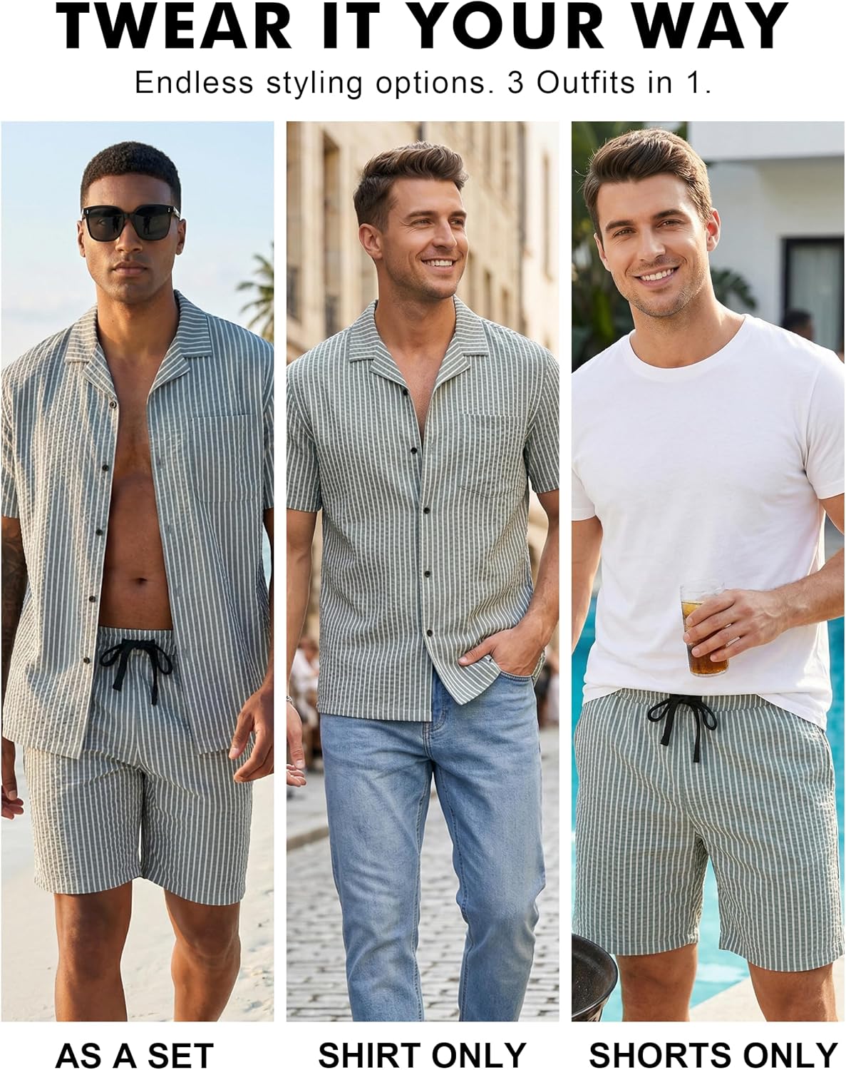 Lzzidou Men's 2 Piece Outfit Short Set Striped Button Down Shirt and Drawstring Shorts Casual Summer Beach Matching Suit