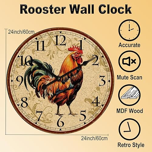 Miniatura 2 de Reloj de pared de gallo de 24 pulgadas, retro, silencioso, sin tictac, fácil de leer, funciona con pilas, relojes de pared grandes decorativos para