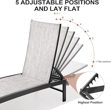 Crestlive Products Pool Lounge Chair Outdoor Set of 2, Chaise Lounge Chairs, Adjustable Five-Position Tanning Recliner, All Weather for Patio, Beach, Yard, Pool (Grey Black)