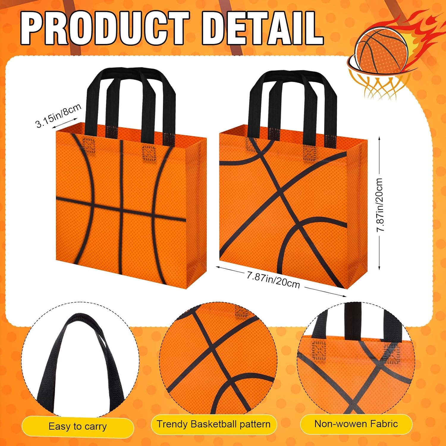 Sweetude 24 Pcs Basketball Gifts Bags Non-woven Sport Party Favor Bags with Handles 7.9 x 7.9 x 3.15 Inches Ball Themed Goodies Candy Treat Packing for Sports Birthday Baby Shower Party Supplies - Image 2