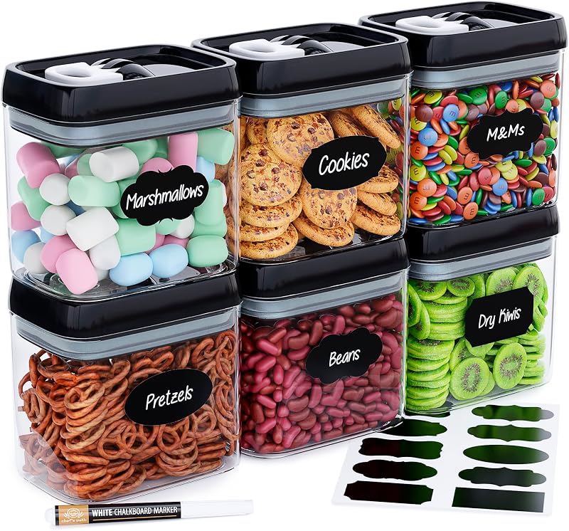 Chef's Path - Juego de cajas de almacenamiento herméticas - 10 etiquetas y marcadores - Almacenamiento de cocina y despensa - Sin BPA - Cajas de almacenamiento de plástico con tapas mejoradas (6 piezas - 1,5 L)