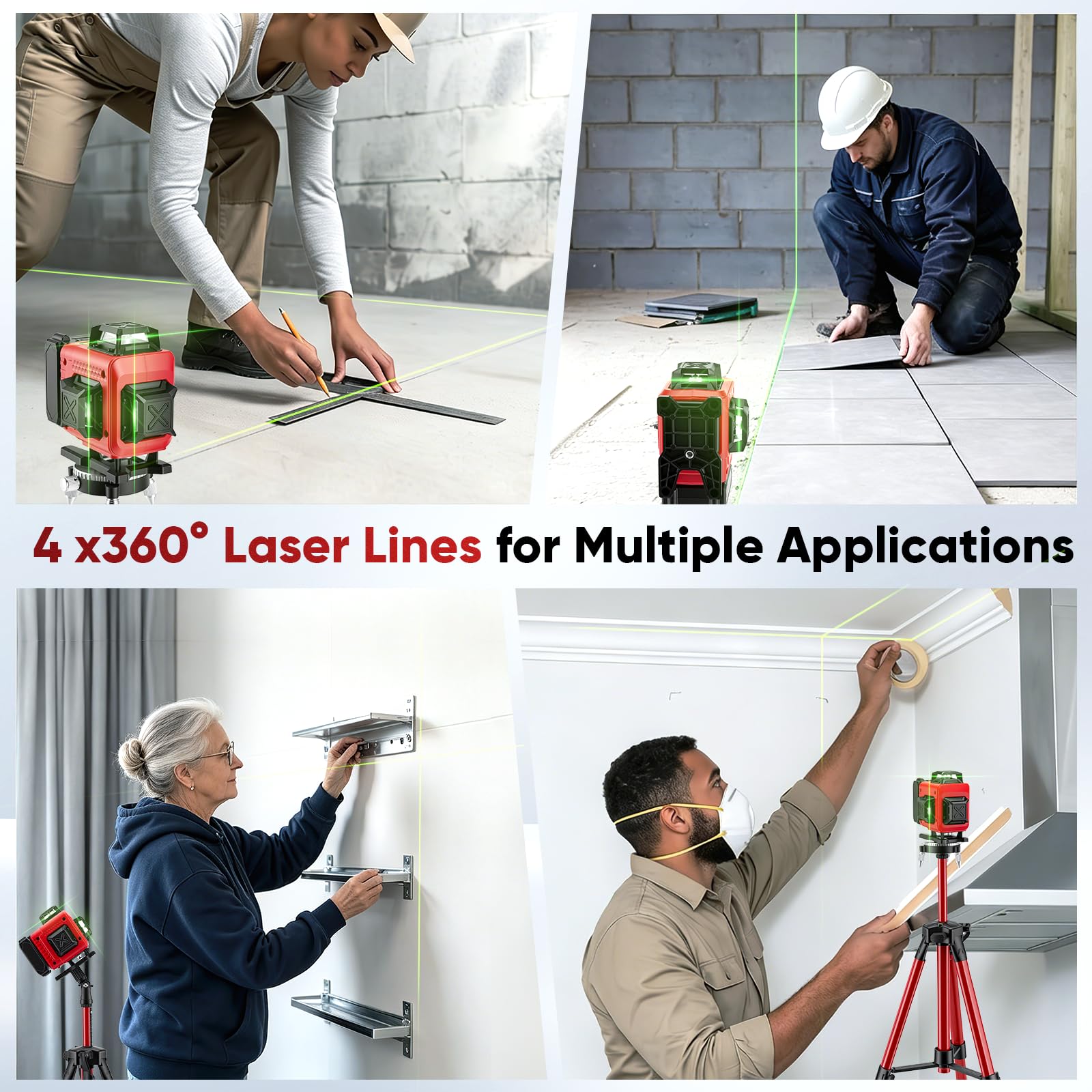 Laser Autolivellante 16 Linee 4D con Treppiede, Livella Laser Verde 4 x 360 ° con Batteria 6000mAh, Telecomando, per Piastrelle, Muri, Pavimenti, Cantieri, Interni