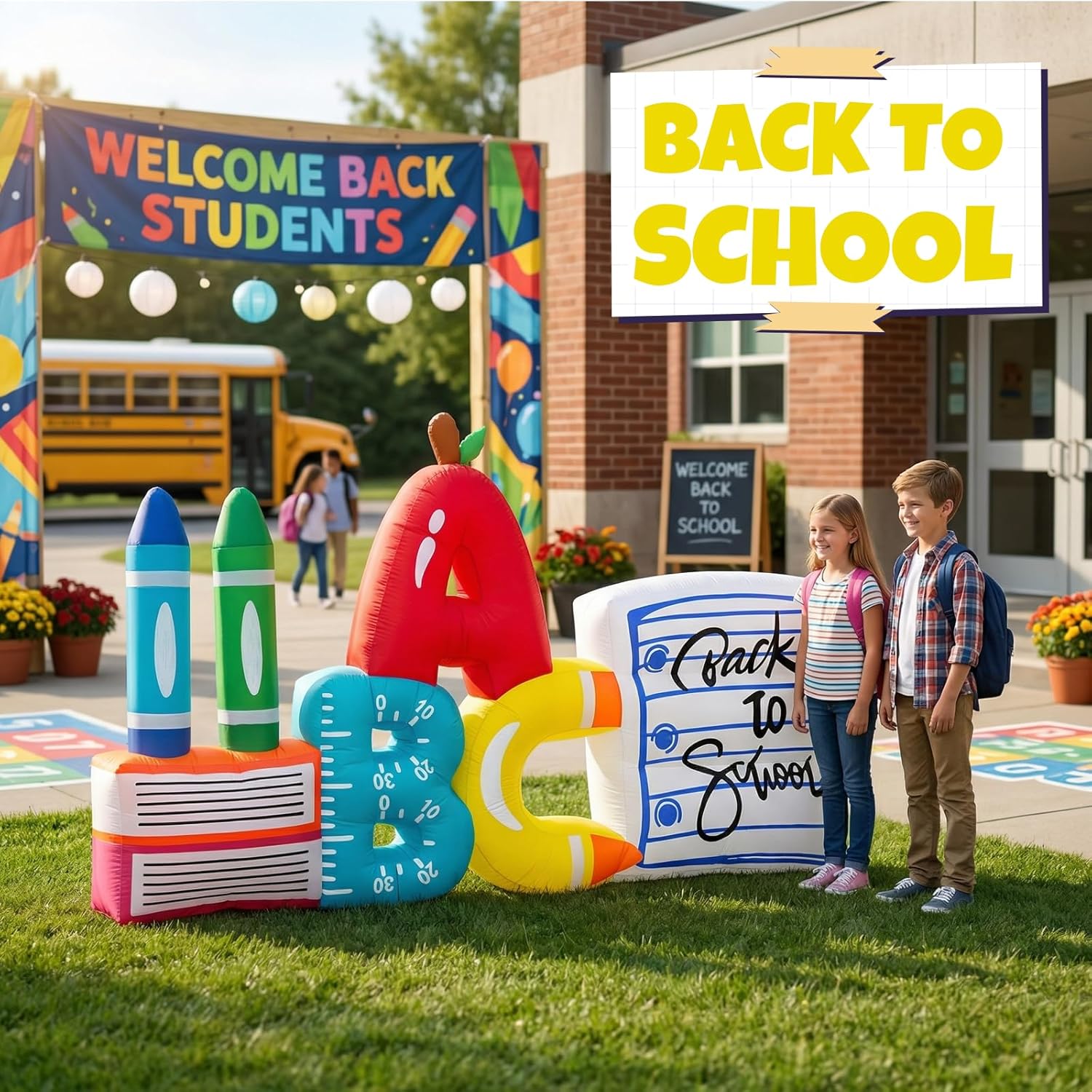 8FT Long Back to School Inflatable Decoration Giant ABC School Supplies Blow Up Outdoor Decor with LED Lights for Outdoor, Indoor, Patio, Lawn Garden Yard Decoration