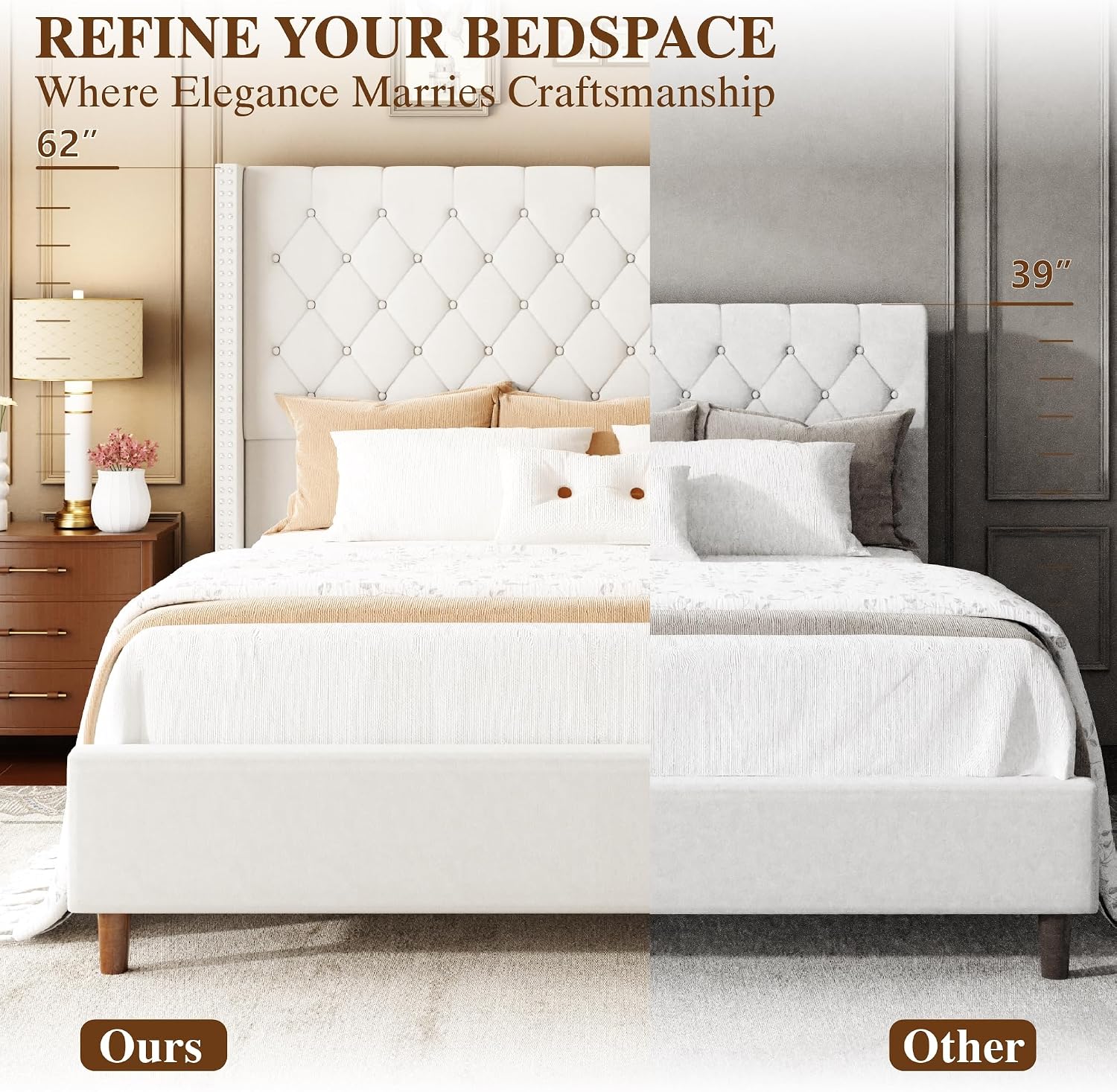 Kooprosp King Size Bed Frame, 62" Tall Velvet Upholstered Bed with Diamond Tufted Headboard, Vintage Rivets & Wingback Design, Wooden Slats, No Box Spring Needed, Easy Assembly, Beige