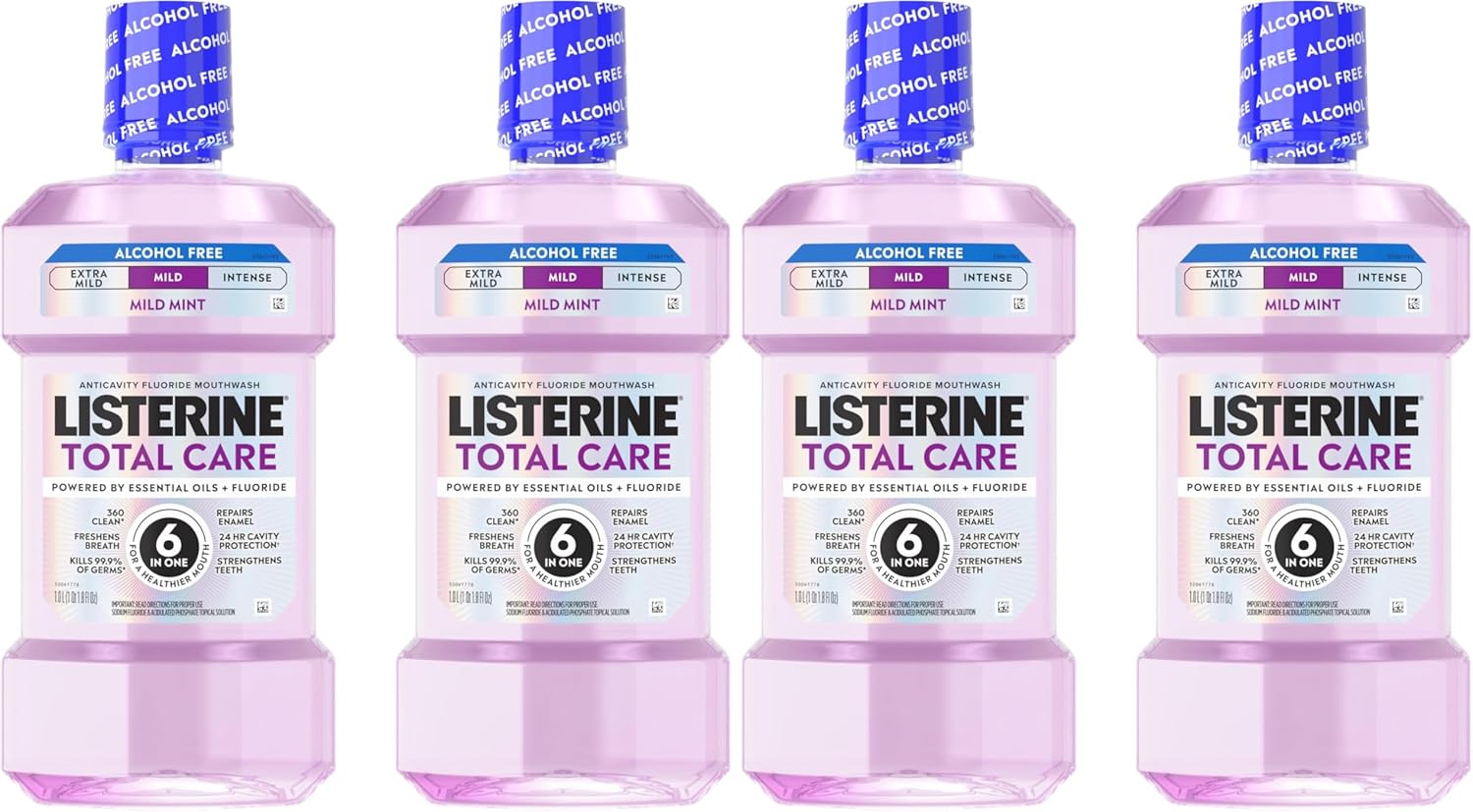Listerine Total Care Alcohol-Free Anticavity Mouthwash, 6 Benefit Fluoride Mouthwash for Bad Breath and Enamel Strength, Fresh Mint Flavor, Twin Convenience Pack, 2 x 1 L (Pack of 2)