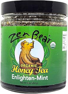 Enlighten Mint Honey Tea - Wildflower Honey, Green Tea, Spearmint, Peppermint - Uniquely Soothing & Invigorating - Raw, Pure Honey - Elevate Your Tea Time | 8 Oz Jar for Refreshing Tea Experience