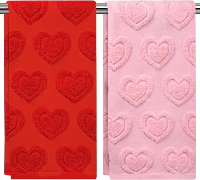 2PCS Valentine’s Day Hand Towels,Red Pink Love Heart Bath Towels Set 100% Cotton Decorative Soft Absorbent for Holiday Decorative Cooking Cleaning Drying 13.7 x 29.5 Inch