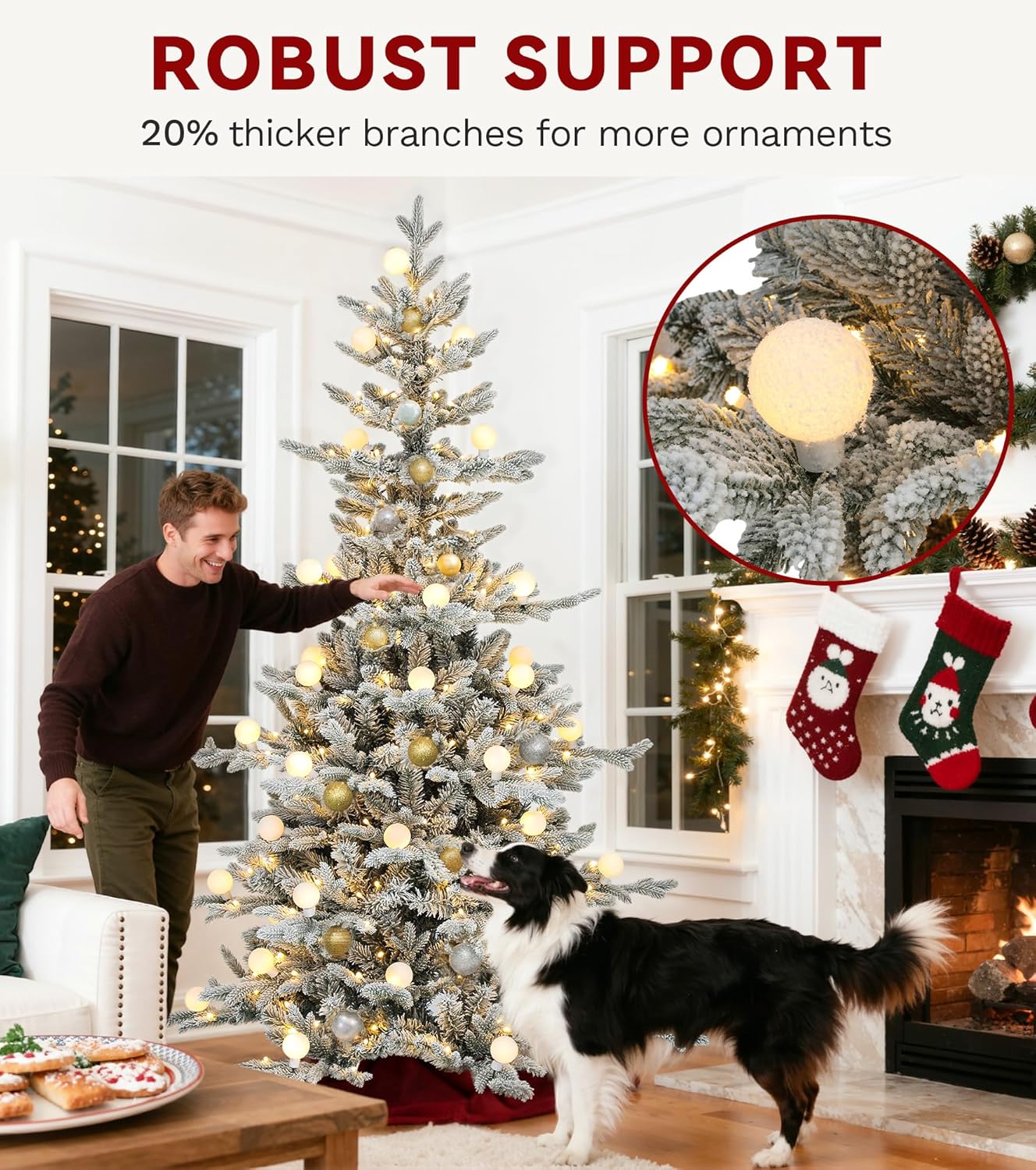 DWVO 7.5ft Prelit Flocked Aspen Fir Christmas Tree with Bulbs and Lights, Full Artificial Xmas Tree with 1734 Metal Hinged PE & PVC Flame Resistant Branches, 58 Bulbs and 350 Lights Remote Controlled