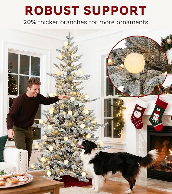DWVO 6ft Prelit Flocked Aspen Fir Christmas Tree with Bulbs and Lights, Full Artificial Xmas Tree with 1336 Metal Hinged PE & PVC Flame Resistant Branches, 46 Bulbs and 270 Lights Remote Controlled