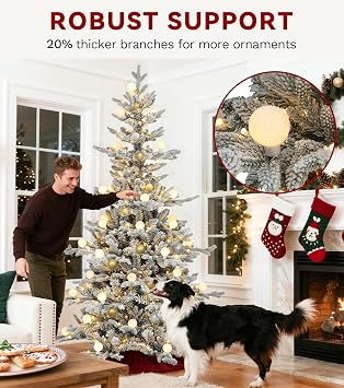 DWVO 6ft Prelit Flocked Aspen Fir Christmas Tree with Bulbs and Lights, Full Artificial Xmas Tree with 1336 Metal Hinged PE & PVC Flame Resistant Branches, 46 Bulbs and 270 Lights Remote Controlled