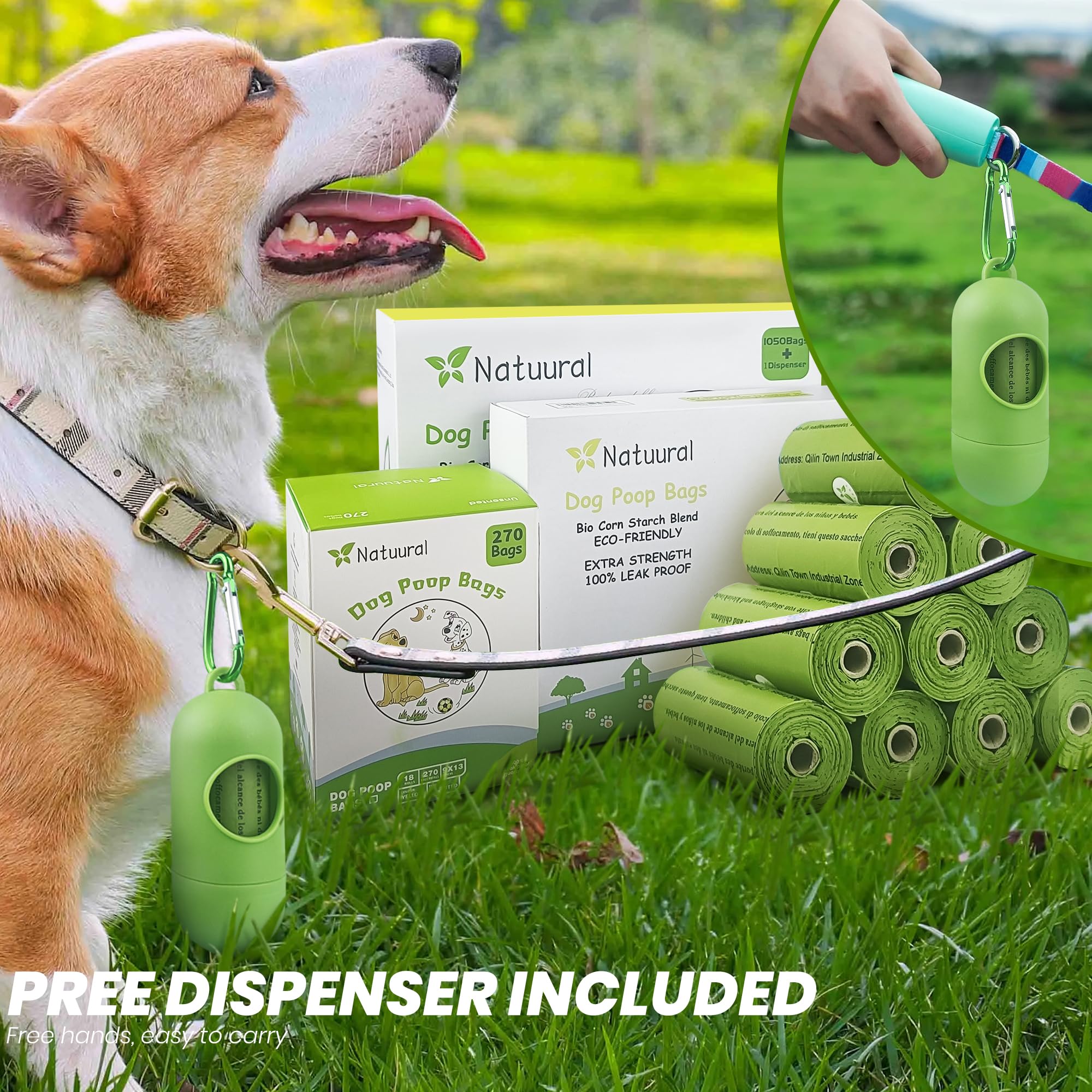 Bolsas biodegradables para excrementos, 1050 unidades, 70 rollos con dispensadores gratuitos, bolsas para excrementos de perros hechas de almidón de maíz, fuertes y 100% a prueba de fugas (verde)