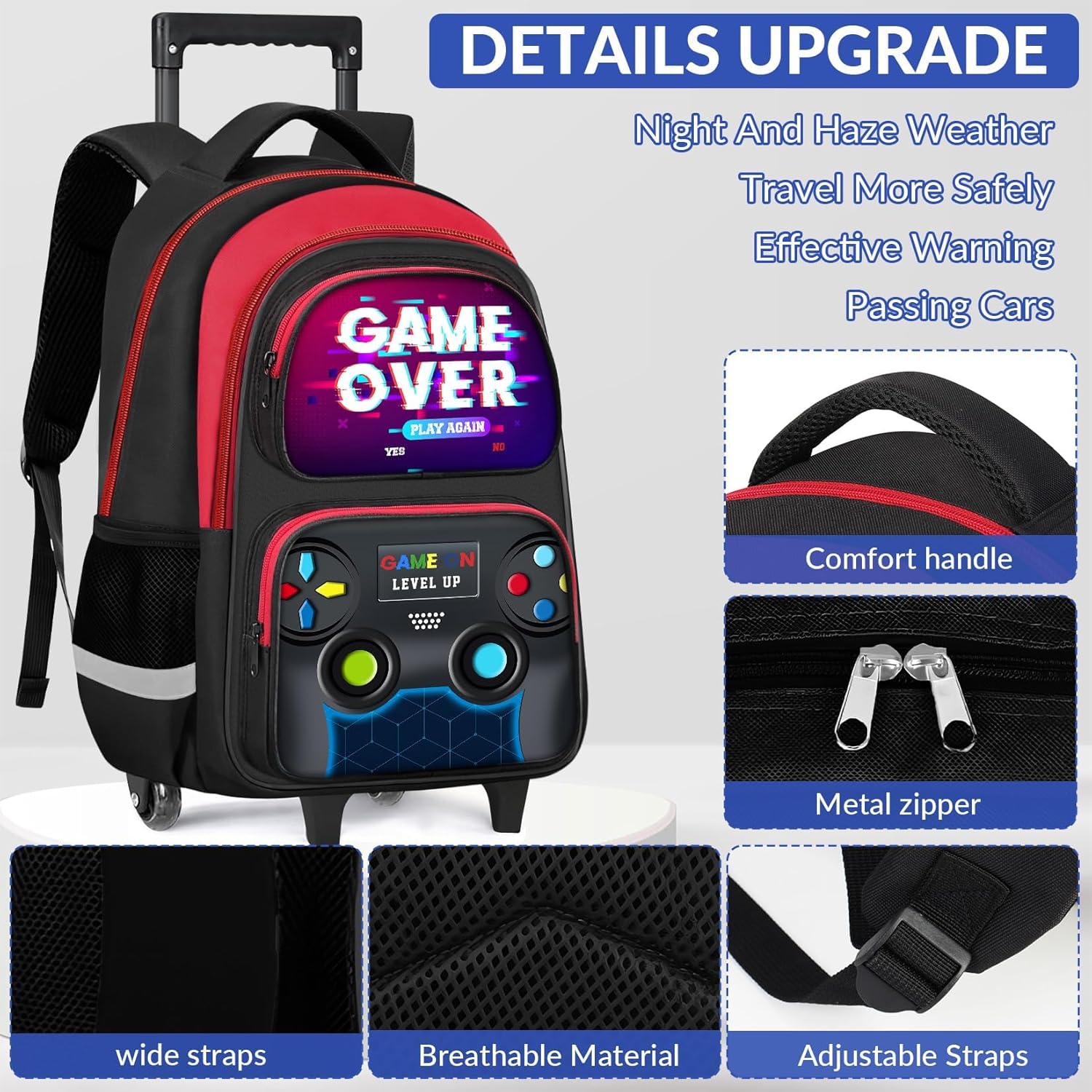 Boys Rolling Backpack for Kids - Gamer Boys Rolling Backpack with Wheels, Multifunctional Wheeled Bookbag for Elementary Middle School, Lightweight Travel Roller Bag