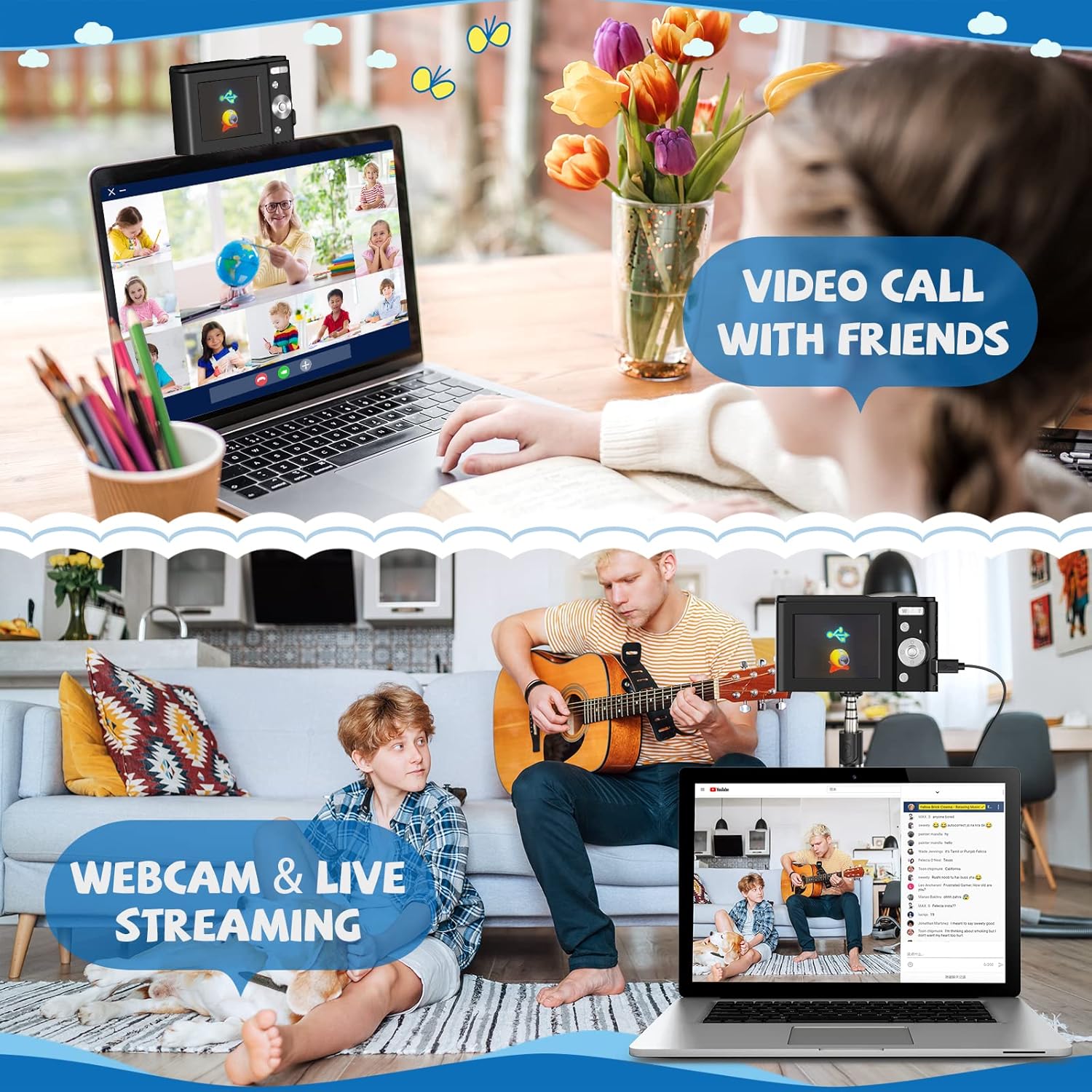 Digital Camera, Mini Kids Camera Autofocus FHD 1080P 48MP 16X Zoom LCD Screen with 32GB TF Card 2 Batteries & Charger Compact Portable Camera for Teen