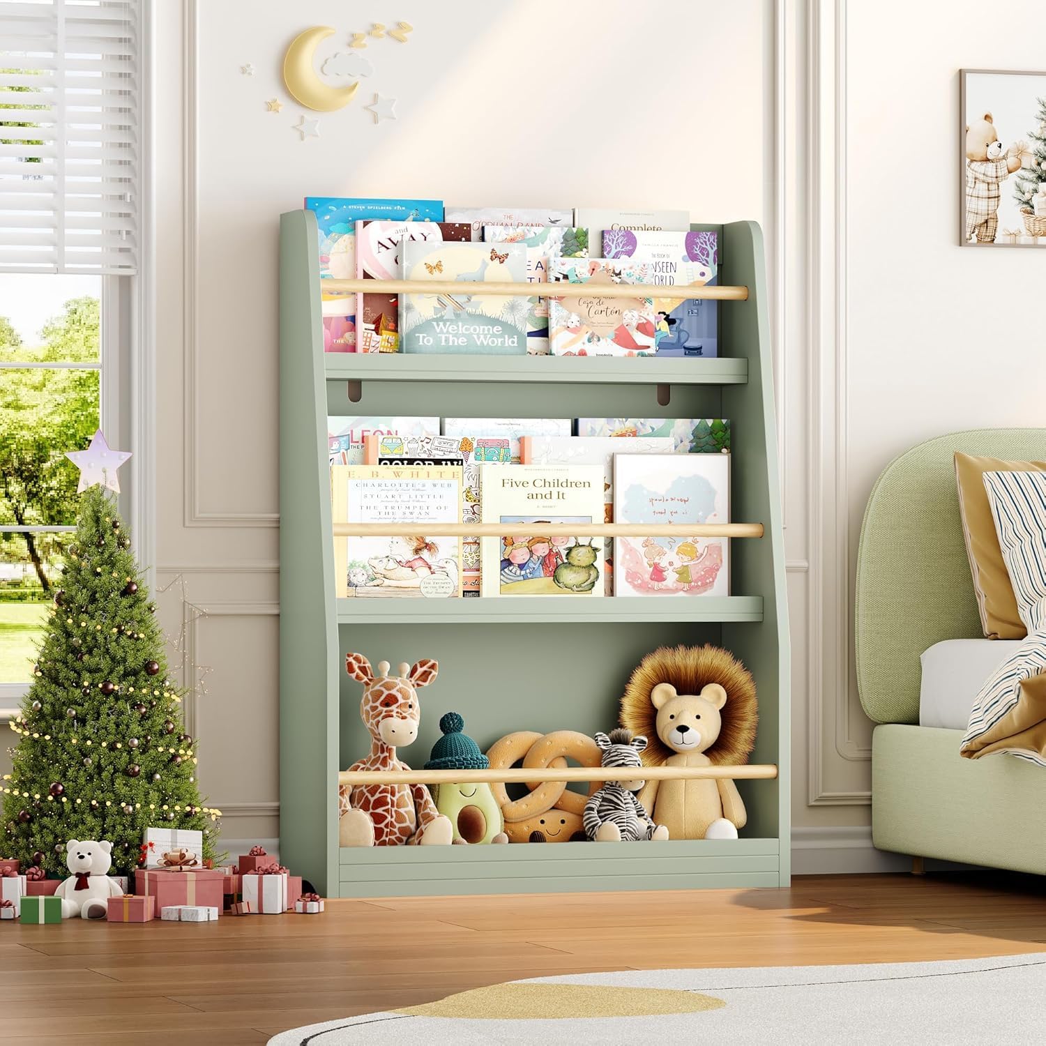 Kids Bookshelf, 3-Tier Montessori Book Shelf Organizer for Books and Toys, Toddler Bookshelf for Bedroom, Living Room, Playroom, Classroom, Nursery, School - Green