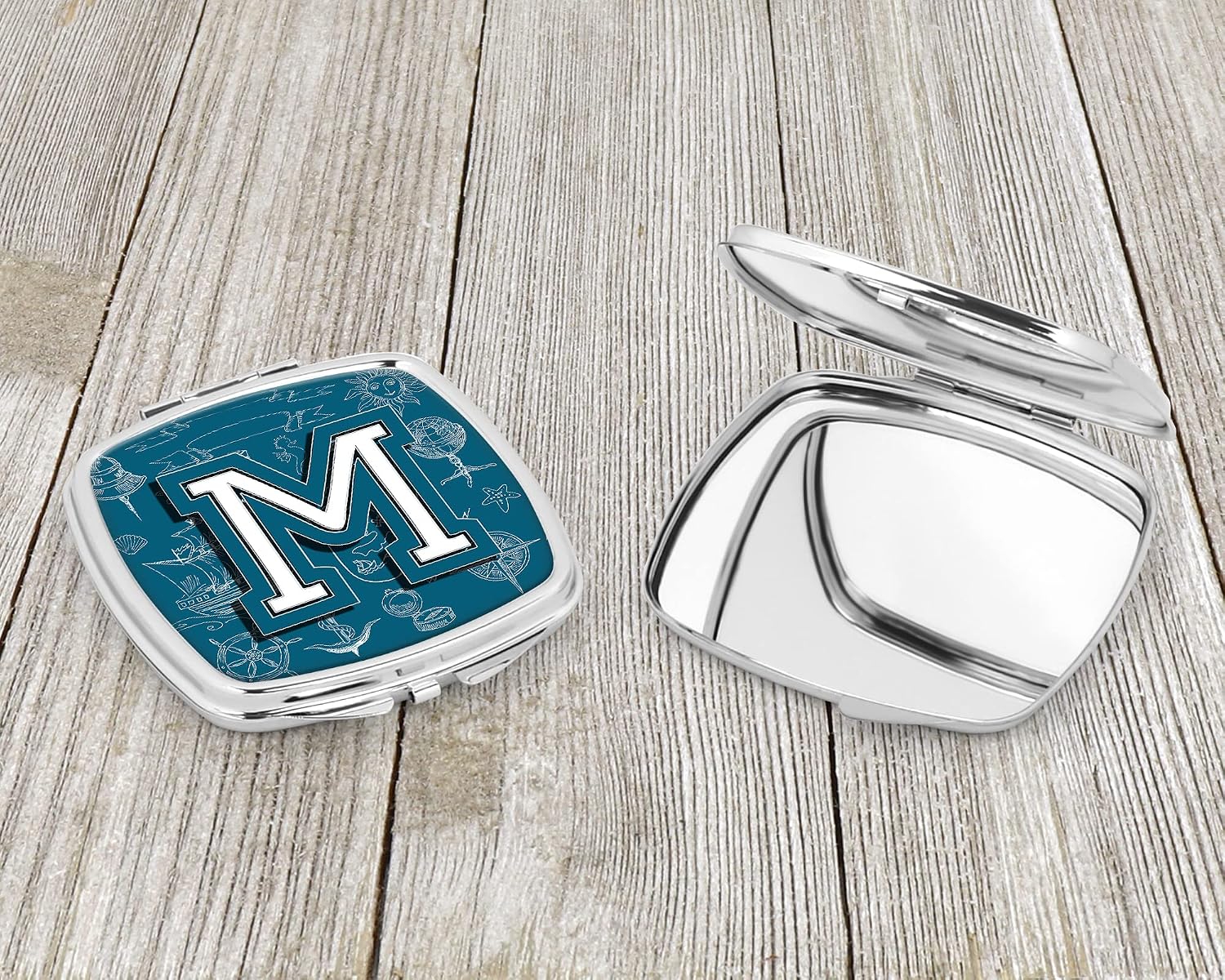 Caroline's Treasures CJ2014-MSCM Letter M Sea Doodles Initial Alphabet Compact Mirror Decorative Travel Makeup Mirror for Women Girls Gifts Pocket Makeup Mirror Folding Handheld