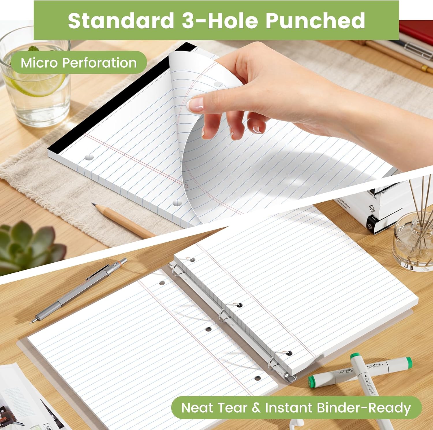 Legal Pads 8.5x11, White Notepads 8.5x11, Wide Ruled Lined with 3 Hole Punch, Loose Leaf Notebook Paper for 3 Ring Binders, 12 Pack, 30 Sheets/Pack, Perforate for School, Office, Home