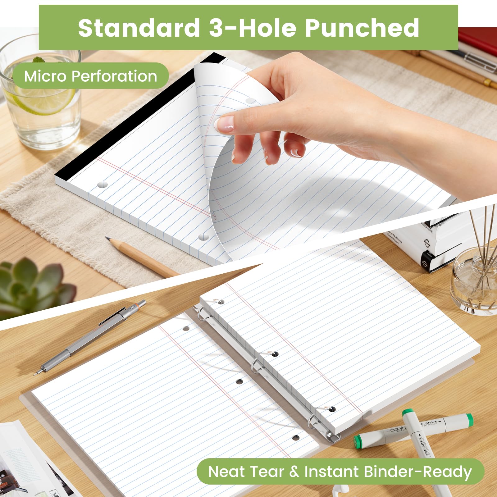 Lot de 12 blocs juridiques blancs de 21,6 x 27,9 cm, larges lignés avec perforation à 3 trous, feuilles mobiles pour classeurs à 3 anneaux, 30 feuilles/paquet, perforés pour l'école, le