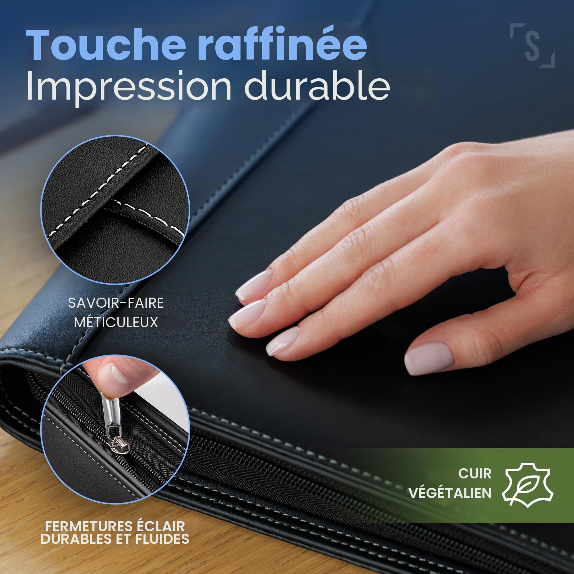 STYLIO Conférencier à fermeture éclair Format A4 Porte-documents pour iPad/tablette (jusqu'à 11") Téléphone et cartes de visite Étui en cuir vegan avec bloc-notes
