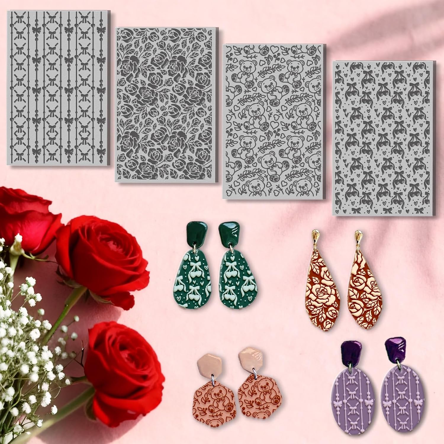 CHGCRAFT 4 Pcs Valentine's Day Polymer Clay Texture Sheet Bow and Roses Rubber Clay Texture Mat for Polymer Clays Making Earrings Jewelry DIY Crafts 5.5 × 5.5 Inch