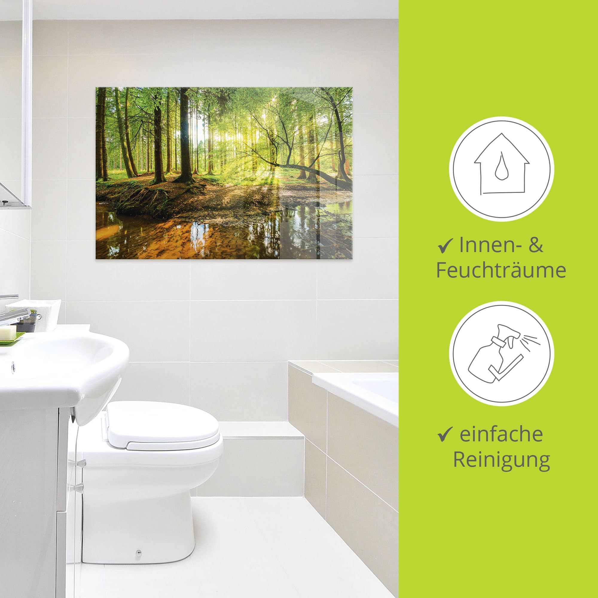 ARTland Wanddeko Glasbilder Wandbild Glas Bild einteilig 125x50 cm Querformat Wald Natur Landschaft Bäume Bach Sonne Frühling T9IO