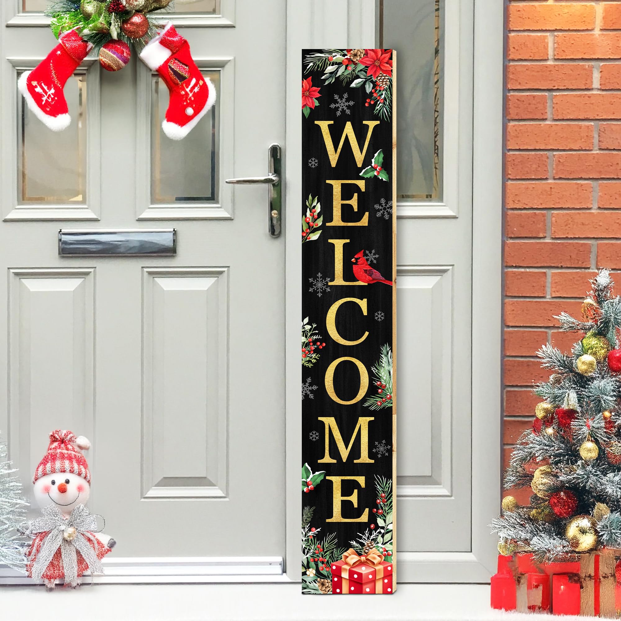 Christmas Welcome Sign for Front Porch Standing, Holly Xmas Themed Wooden Porch Sign for Front Door Decorations, Rustic Farmhouse Hanging Wall Sign for Christmas Winter Decor 47.2" H