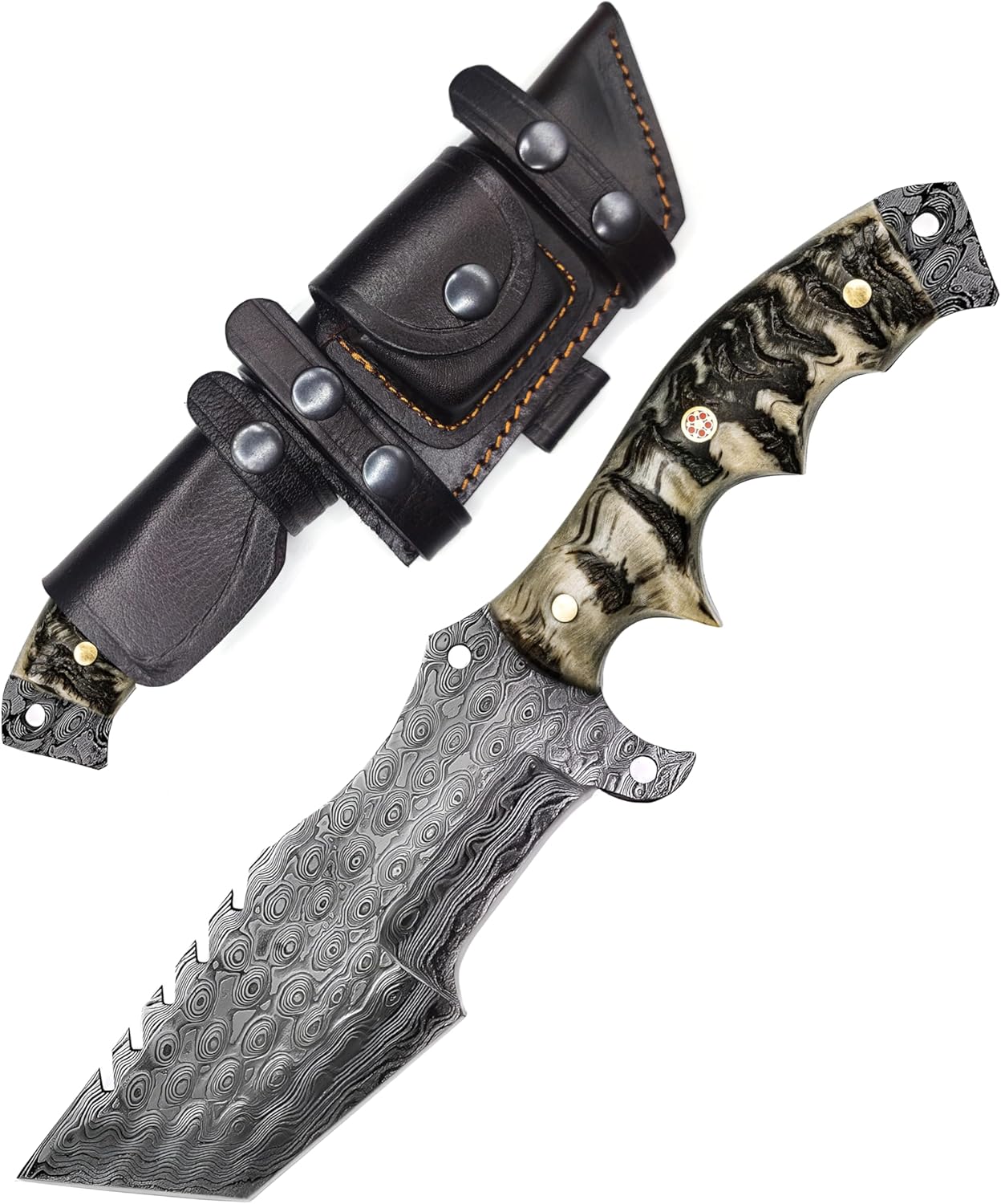 Marshal Tracker 3100 Handmade 10.5" Damascus Knife- Fixed Blade Hunting Knife with sheath-Bushcraft,Survival & Camping Knife-Ideal For EDC.Best Hunting Knife For Men (Ram's Horn Handle)