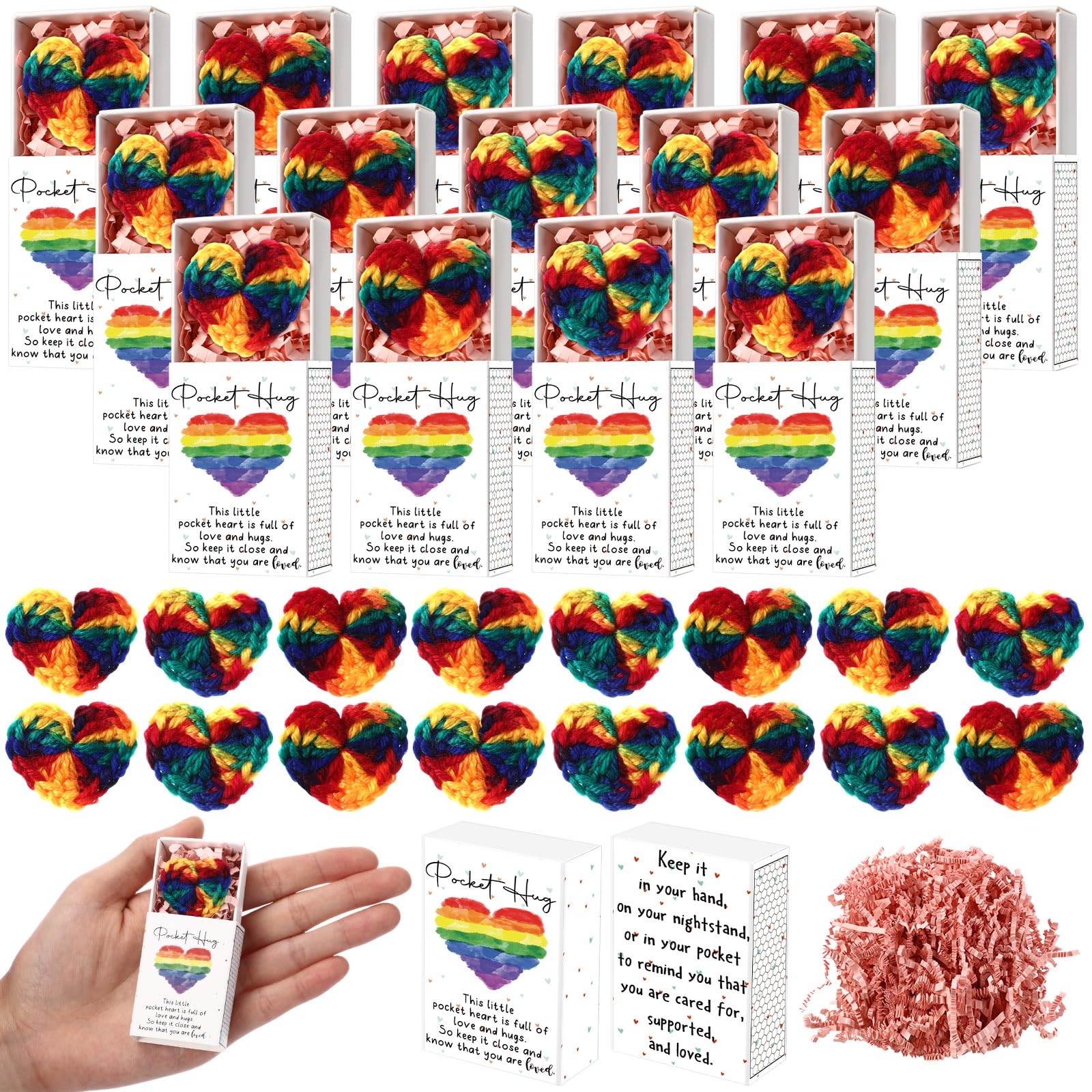 Wettarn 35 Sets Pride Gift Bulk Lgbtq Accessories Party Favors 35 Mini Rainbow Pocket Hug Heart with Inspirational Box for Lesbian Gay Bisexual Queer