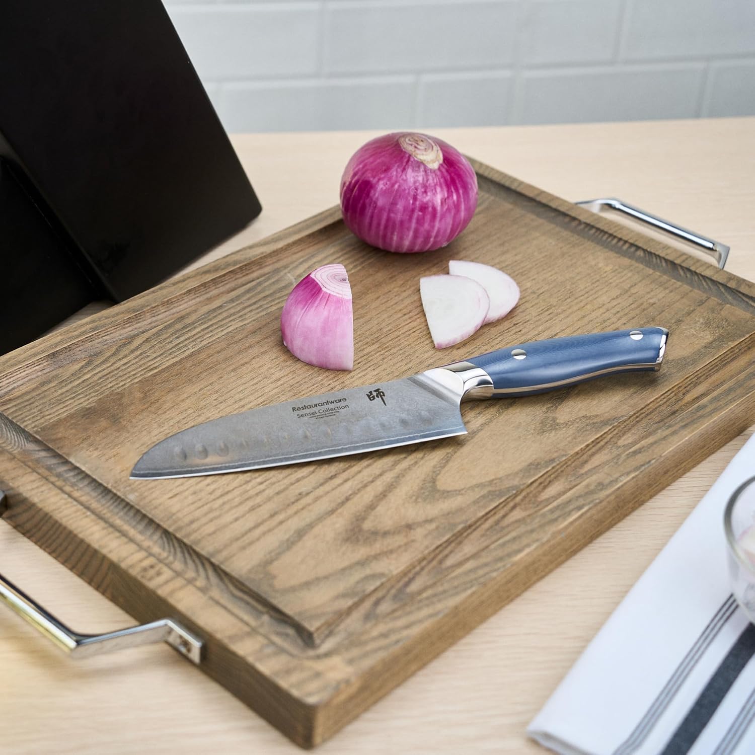 Restaurantware Sensei 12.4 Inch Santuko Knife 1 Sharp Japanese Knife - High-Carbon 67 Layer Blue Damascus Steel Sharpest Kitchen Knife Ergonomic Handle For Cutting Vegetables And Meat