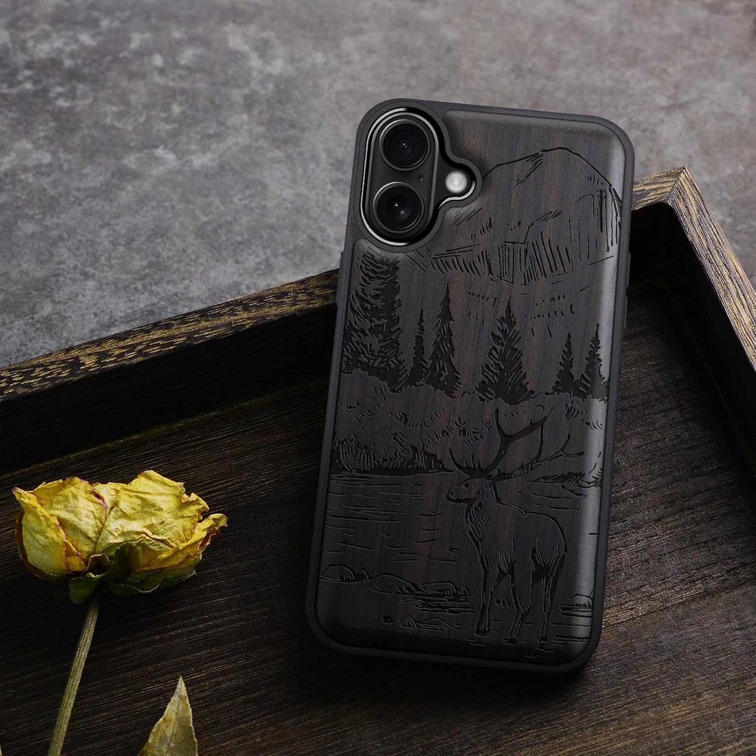 Carveit Magnetic Wooden Case for iPhone 17 Case, Wood Artisan Engraved & Black Soft TPU Shockproof Cover, Compatible with MagSafe Wireless Chargers (Mountains and Deer) Blackwood