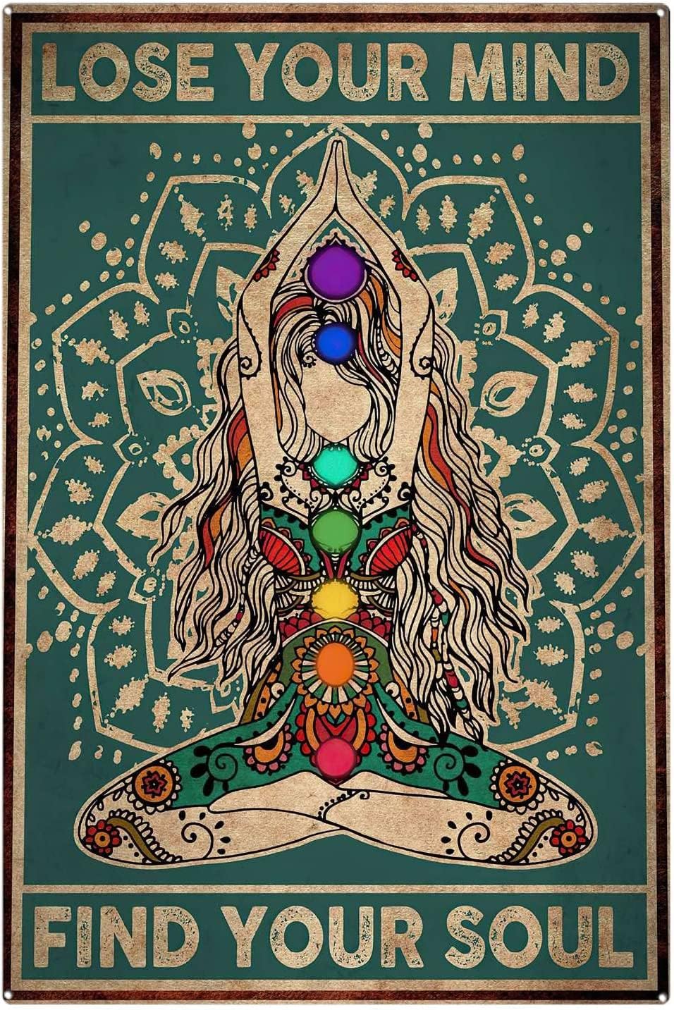 Kisoyo Funny Metal Tin Signs Lose Your Mind Find Your Soul Yoga Signs, Yoga Wall Art, Yoga Pose Print, Yoga Decor, Chakra Signs, Yoga Lover Metal Sign For Home 12X16inch