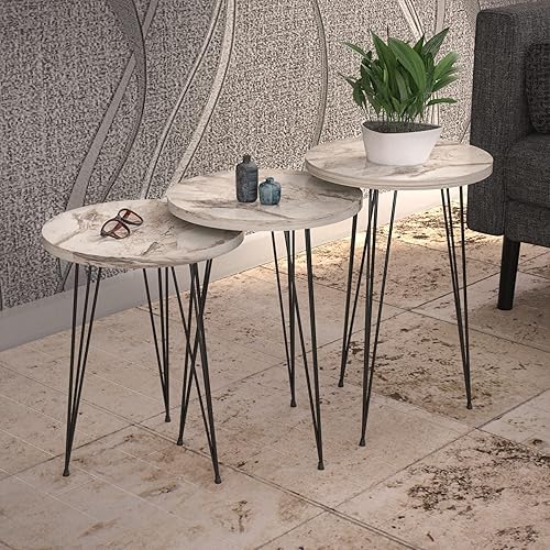 Miniatura 2 de PAK HOME Juego de 3 mesas auxiliares anidables de mármol blanco, mesas auxiliares redondas de madera apilables con patas de metal para sala de